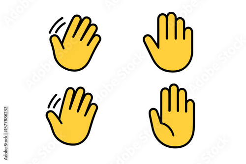 Waving Hand Gesture Icon Set. Flat Vector Illustration of Greeting, Attention, Hello, Goodbye, Stop Hand Signs. Yellow Cartoon Palm, Animated and Static, Transparent Background, Communication Symbols