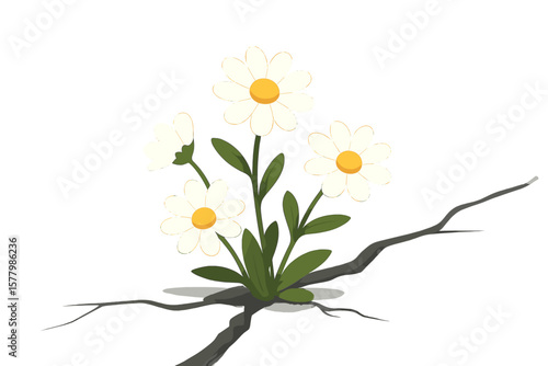 Resilience Concept Daisy Flowers Growing Through Cracked Pavement. Urban Nature Survival. Hope Perseverance Symbol. Modern Flat Vector Cartoon Illustration. Blank Space for Text.