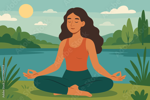 Wallpaper Mural Serene Woman Practicing Yoga and Meditation Outdoors by Lake in Summer, Mindfulness, Wellness, Nature, Flat Vector Illustration, Peaceful Landscape, Relaxation, Healthy Lifestyle Torontodigital.ca