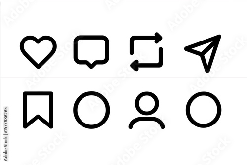 Black Instagram Interface Notification Icons Set. Social Media Like, Love, Heart, Repost, Comment, Share, Save, Stories, User Profile Button Vector Isolated Transparent