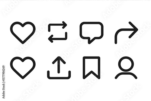 Social Media Notification Icon Set. Black Line Instagram Interface Symbols. Like, Love, Heart, Repost, Comment, Share, Save, User Profile, Stories. UI Button Collection