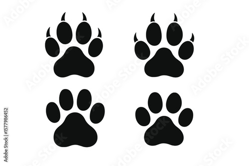 Animal Paw Print Icon Set with Claws – Lion, Tiger, Panther, Dog, Cat Footprint Silhouette Collection, Wildlife Track Vector, Pet Paw Mark Transparent PNG Illustration