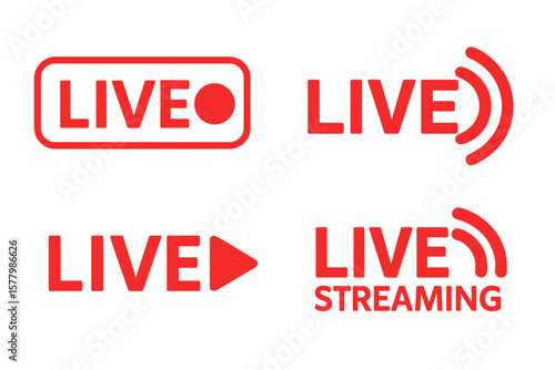 Live Streaming Icons Set. Red Broadcast Symbols for Video, TV, News, Movies, Shows. Modern Flat Vector Buttons for Live Stream, Online Media, Broadcast, Webcast, Transparent PNG
