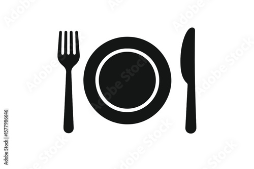 Restaurant Table Setting Icon. Plate, Fork, Knife. Minimalist Black Silhouette. Dining Symbol. Food Service Concept. Cutlery and Dishware Vector Illustration. Meal Time Sign. Eat Out Graphic.