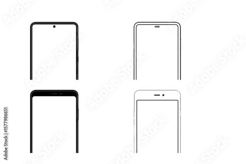 Modern Smartphone Mockup Set, Blank White Screen, Flat, Outline, Realistic Styles, Black and White Mobile Phone Front Views, Detailed 3D Device Templates, Technology Concept