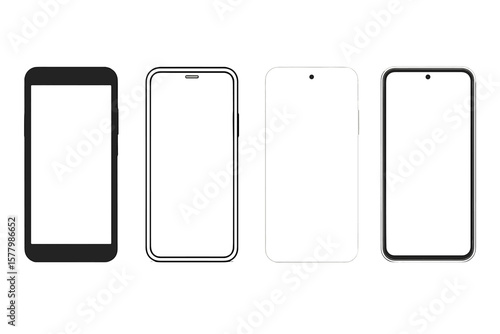 Modern Smartphone Mockup Set with Blank White Screen in Flat, Line, and Realistic Styles, Detailed Mobile Phone Front View, Black and White 3D Models, Technology Concept