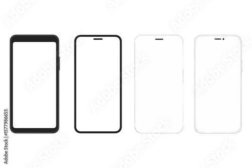 Smartphone Mockup Set with Blank White Screen in Flat, Line, and Realistic Styles, Detailed Mobile Phone Front View, Black and White 3D Models, Isolated Template