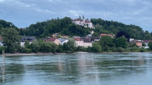 Mariahilf Wahlfahrtskirche Passau, Bavaria, Germany, Pilgrims church on hilltop with Inn river in foreground, ease out