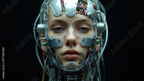 Humanoid cyborg girl with exposed wiring and futuristic interface
