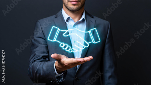 Businessman holding a glowing digital handshake icon, symbolizing a modern business agreement.