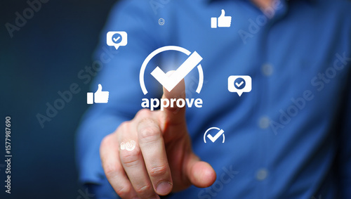 Approving Digital Content A Hand Touching the Approve Symbol, Concept.