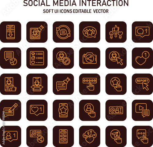 Diverse social interaction icons depicting connectivity and engagement in a modern user interface design set with line