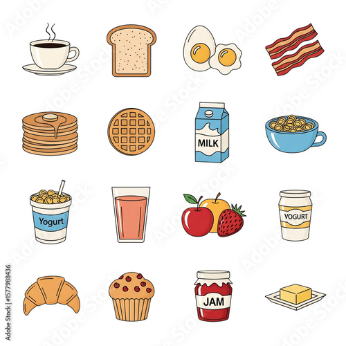 Delicious breakfast icons for menu or recipe design
