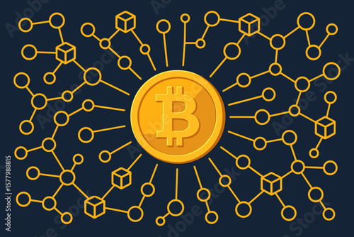 Bitcoin cryptocurrency concept. Golden coin with blockchain technology network connection. Digital money, finance and economy. Fintech vector illustration on dark background.