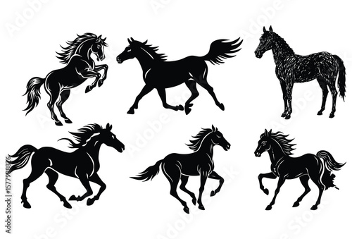 Line-Art Horse Vector Set Side, Front & Rear Views.