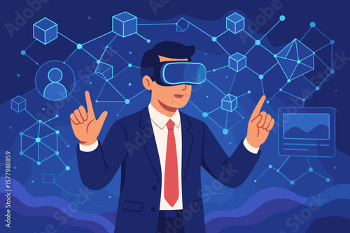 Businessman explores metaverse technology with blockchain network. Man in VR headset interacts with futuristic UI. Augmented reality, virtual world, digital transformation concept.