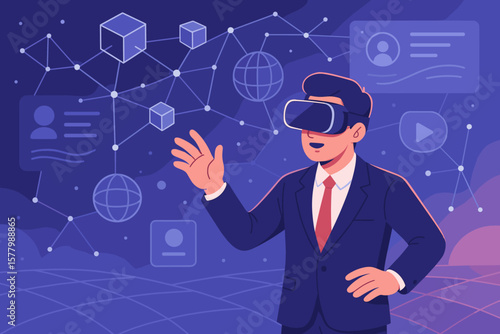 Businessman exploring metaverse technology with blockchain network. Immersive computer environment with user interface, augmented reality, and virtual reality concepts for business.