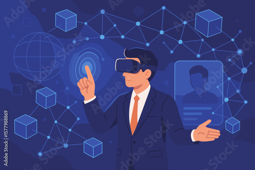 Businessman in VR headset interacts with metaverse, blockchain network. Future technology, augmented reality, virtual world, business innovation, digital transformation concept.