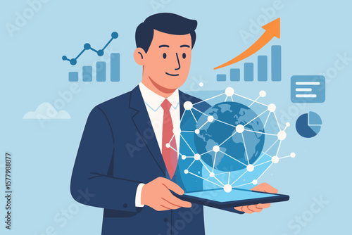 Businessman holding tablet with linking global business network connection and data exchanges. Graph growth, financial analytics for success. Investment strategy concept.