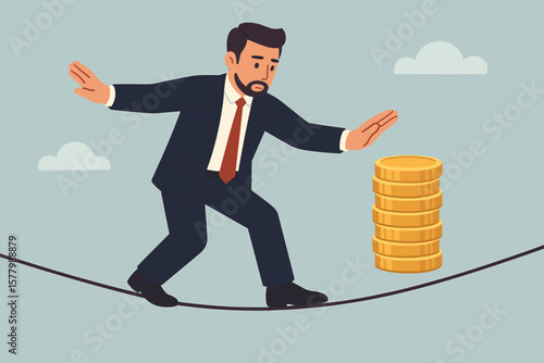 Financial risk concept. Businessman balancing on a tightrope with money. Investment challenge and uncertainty. High-stakes wealth management metaphor. Vector illustration.