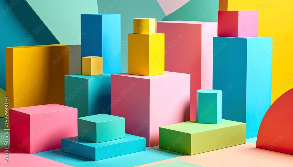 Fototapeta premium Geometric Arrangement with Colorful Cubes on Pastel Background in Studio