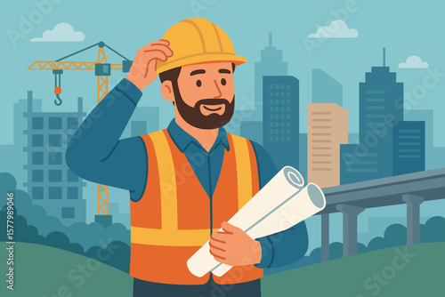 Construction engineer with helmet and blueprint at building site. Industrial project manager or foreman at work. Cityscape background with crane and infrastructure concept.
