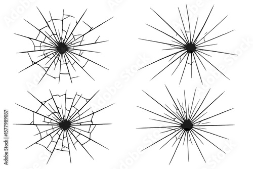 Cracked glass vector set. Broken window texture. Bullet hole effect. Shattered surface pattern. Destruction, damage concept. Vandalism illustration. Fragile mirror crack.