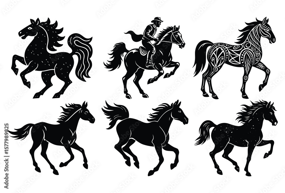 Fototapeta premium Line-Art Horse Vector Set Side, Front & Rear Views.