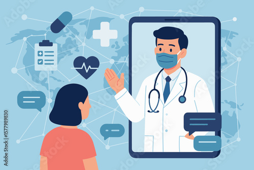 Telemedicine online healthcare consultation. Virtual doctor appointment. Patient communication. Global medical network. Remote diagnosis. Digital hospital. Health technology.
