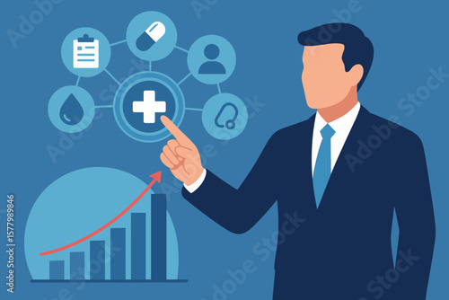 Healthcare business growth chart and medical examination concept with businessman touching virtual medical network icon, digital health data analysis, modern flat vector illustration