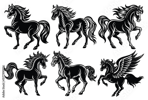 Flat-Style Horse Vector Collection Running, Jumping & Trotting Poses.
