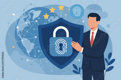 Businessman Securing Global Digital Data Privacy, Cybersecurity, GDPR Compliance, Biometrics, Blockchain, Identity Protection, Internet Technology, EU Regulation