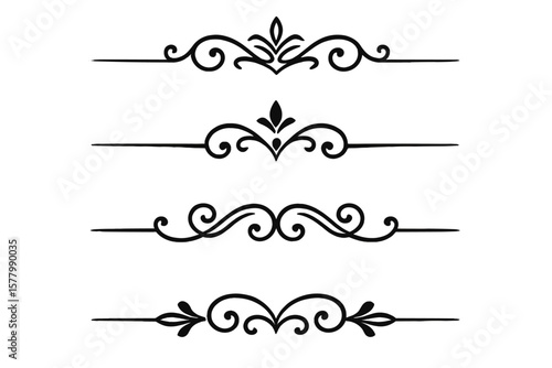 Elegant Black and White Ornamental Page Dividers Set of 4, Decorative Swirl Borders, Vintage Flourish Vector Elements for Invitations, Certificates, Web, Print, Digital Design