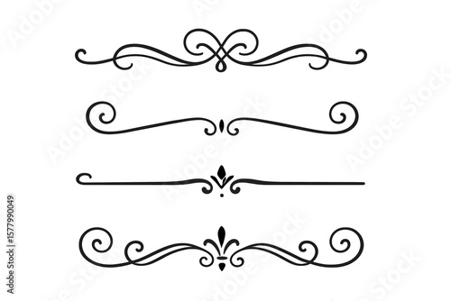 Elegant Black and White Ornamental Page Dividers Set of 4, Vintage Flourish Borders, Swirl Line Separators, Decorative Vector Elements for Invitations, Web, Print, Stationery