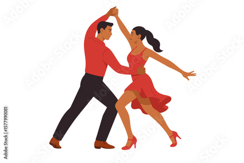 Energetic Salsa Dance Couple Vector Illustration. Latin Ballroom Dancers in Red Outfits Performing Dynamic Partner Moves, Passionate Rhythm, Social Dance Event, Isolated on White