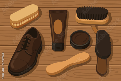 Shoe Shine Kit on Wooden Table. Brown Leather Dress Shoe, Polishing Brushes, Cream, Sponge, Tube. Modern Flat Vector Illustration. Footwear Care, Cleaning Tools, Accessories Concept