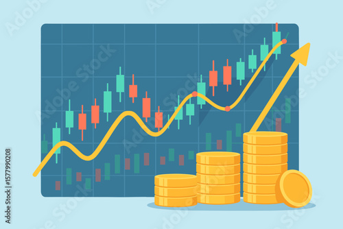 Financial Growth and Investment Success Concept. Bullish Stock Market Chart with Candlestick Patterns, Rising Profit Arrow, and Gold Coin Stacks. Modern Business Finance Vector Illustration
