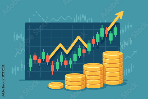 Financial Growth Concept with Rising Stock Market Chart, Candlestick Trading Graph, and Stacks of Gold Coins. Investment, Profit, Economic Success, Wealth, Flat Vector Illustration
