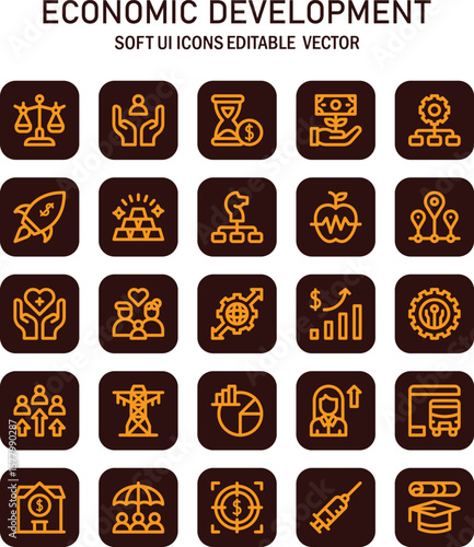Visual representation of economic development through minimalist icons, emphasizing growth and prosperity using