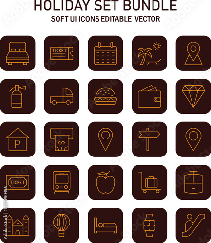 Diverse holiday icon set featuring travel accommodations and leisure activities arranged in a grid presentation