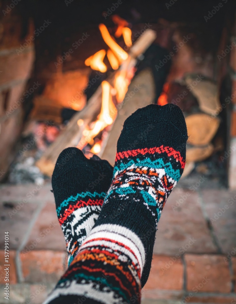 Obraz premium Close Up Of Feet In Colorful Socks Relaxing Near a Burning Fireplace