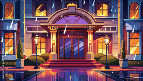 Elegant grand hotel entrance glowing at night with reflections shimmering on wet rainy pavement outside