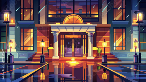 Elegant grand hotel entrance glowing at night with reflections shimmering on wet rainy pavement outside