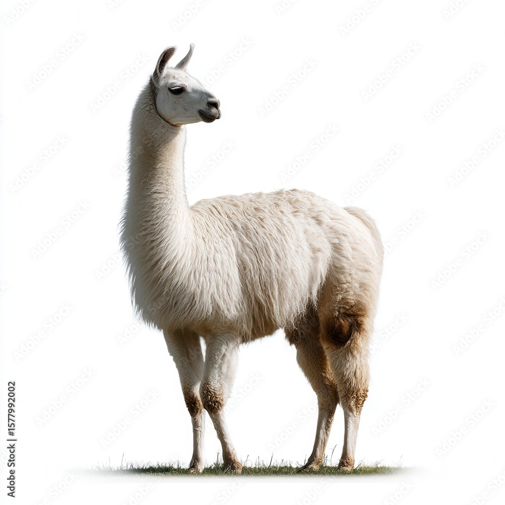 Fototapeta premium Elegant white llama standing tall against clean white background, showcasing full body profile with distinctive long neck and fluffy wool coat, free copy space for text