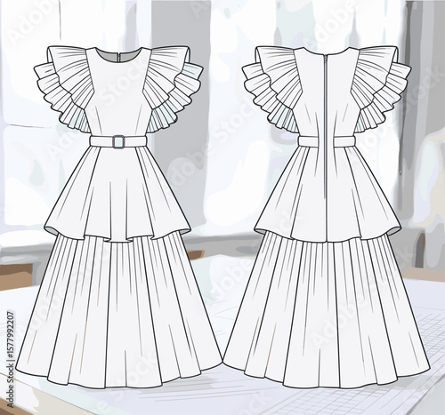Women's White Tiered Maxi Dress with Ruffle Sleeves and Belt Flat Sketch CAD Drawing Vector Illustration, Apparel Template