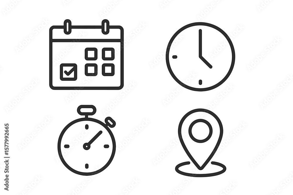 Date and time icon set. Calendar appointment. Clock and stopwatch timer. Location pin for address, map. Business schedule concept. Outline web symbol for UI UX website app. Date and time icon set. Calendar appointment. Clock and stopwatch timer. Location pin for address, map. Business schedule concept. Outline web symbol for UI UX website app.
