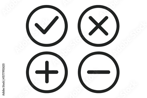 Check mark and cross icon set. Yes no vote symbol. Add and remove plus minus button. Correct incorrect sign. Approve reject web element. Vector illustration accept decline choice.