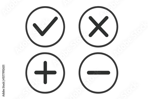 Check mark, x mark, plus, minus icon set. Yes, no, add, remove buttons. Decision making, survey, feedback symbols. Pros and cons concept. Approve, reject, delete signs.
