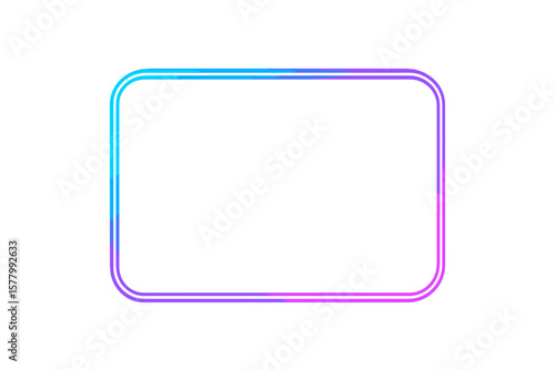 Colorful neon rectangle frame with rounded corners. Glowing futuristic border with blue and purple gradient. Retro 80s synthwave style light effect for banner or text.