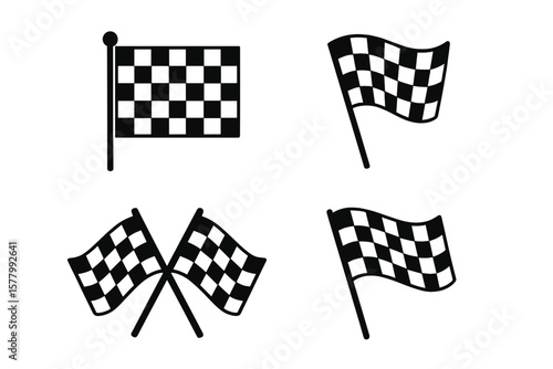 Checkered flag icon set. Sport racing flag symbol. Race flag sign for car and motorbike racing. Finish line and start flag collection. Waving chequered flag vector.